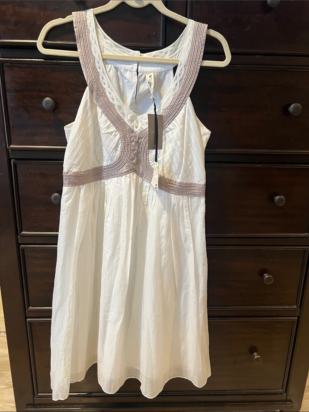 Anthropologie White Midi Dress with Mauve Trim
